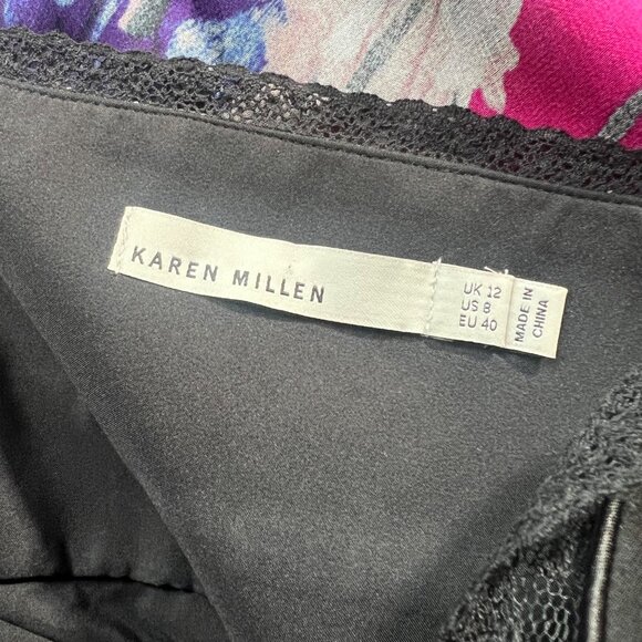 Karen Millen Babydoll Size 8 Black White Pink Silk Floral Lace Trim Sleeveless D - Picture 2 of 15